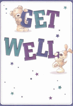 This endearing get well card invites a feeling of comfort and reassurance-emotions that resonate with the tranquil charm of Limehouse's riverside walks and lively community. At the centre, a cuddly teddy bear, rendered with rounded shapes and a kind, expressive face, clings affectionately to the top of the bold word 'GET.' Below, a floppy-eared puppy, full of cheerful energy, nuzzles and supports the rich indigo letters spelling out 'WELL.' Together, their presence radiates warmth and hope, much like the thoughtful touch that goes into every floral bouquet assembled for local delivery in E14. The background, a pristine and creamy white, serves as a calm retreat, while scattered stars in teal and violet seem to sprinkle the gentle magic of good wishes across the scene. The depth of colour in the hand-drawn lettering feels reminiscent of the vibrant hydrangea and delphinium shades so loved in Limehouse flower designs, providing a sense of visual interest and cheer. Each illustrated detail evokes the loving care found in arranging a bouquet to comfort a friend recovering nearby, whether on Commercial Road or along the River Thames. The overall effect is a spirited, nurturing card-one that seems to promise brighter days ahead, while embodying the supportive, neighbourly ethos of the Limehouse community. Thoughtful and full of emotional light, this card makes every get well wish feel genuinely heartfelt and close to home.